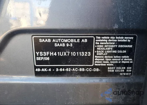 2007 Saa 9-5 from USA, damaged, VIN YS3FH41UX71011323